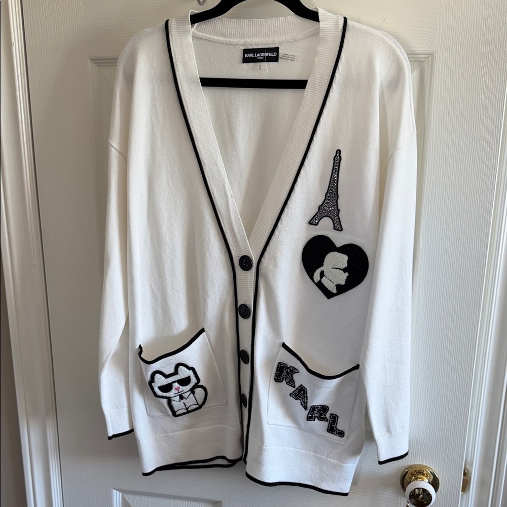 NWT Karl Lagerfeld White Cardigan with Black Accents